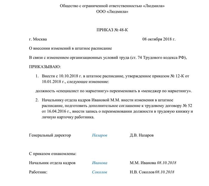 Практическое применение уведомления об изменении оклада и названия должности сотрудников