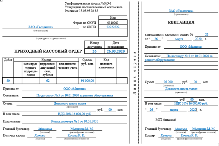 Определение приходного ордера