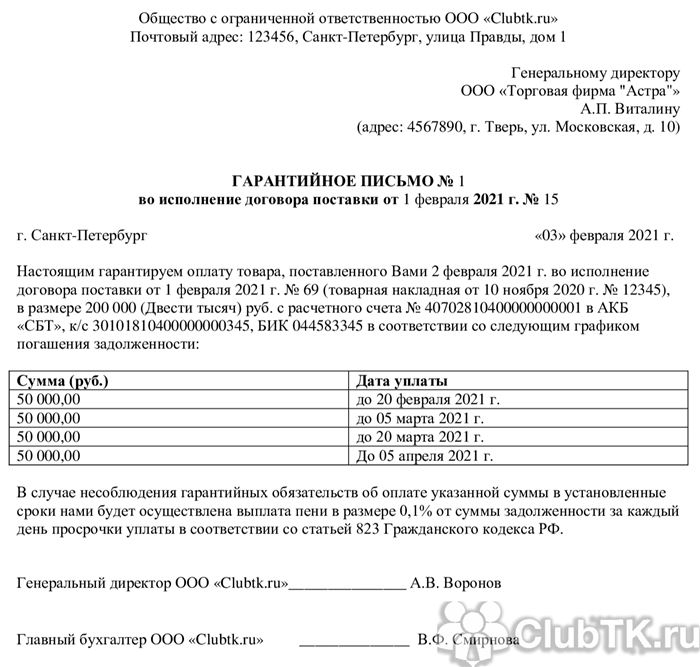 Образец заполнения заявления на гарантийное письмо