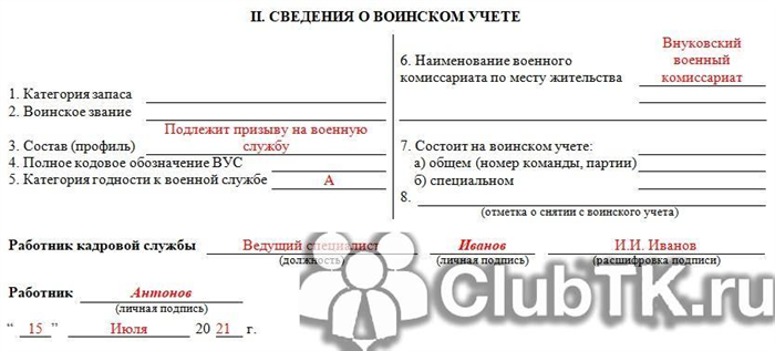 Обязательные поля личной карточки гражданского государственного служащего