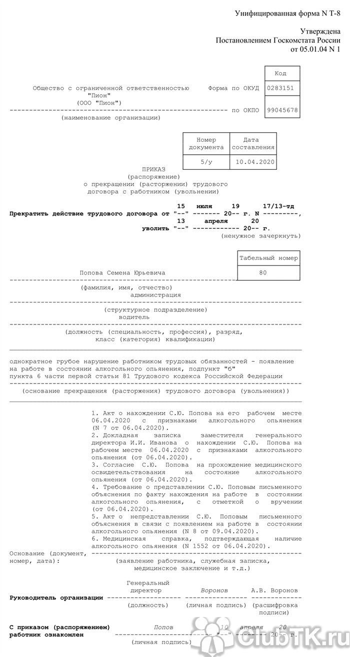 Подтверждение факта пьянства материально ответственного лица